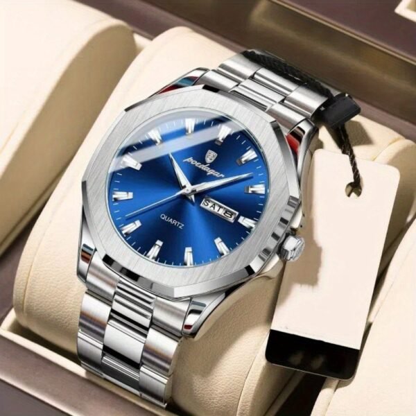 montre sport de luxe poedagar pour homme cadran bleu en acier inoxydable avec marqueurs dorés, aiguilles lumineuses, indicateur date/semaine, mouvement quartz 1181.1 pouces, boîte incluse, style Élégant et décontracté, finition polie