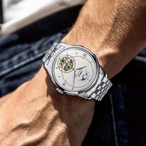 lobinni trendy essential round men's wristwatch with moon phase hollow design matching automatic mechanical movement.