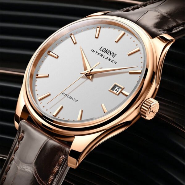 lobinni men's elegant automatic mechanical watch stylish and minimalist design with calendar, waterproof, stainless steel case and brown faux leather strap with rose golden accents for everyday sophistication