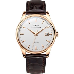 lobinni men's elegant automatic mechanical watch stylish and minimalist design with calendar, waterproof, stainless steel case and brown faux leather strap with rose golden accents for everyday sophistication