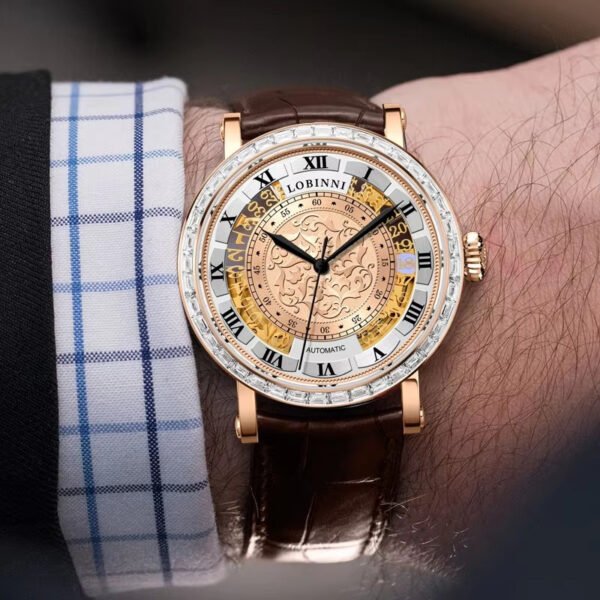 lobinni men's luxury hollow out mechanical watch golden tone stainless steel, date display, luminous hands, dial & case, elegant design for business or casual wear, business watch | sophisticated watch | durable watch
