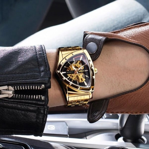 men's skeleton triangle automatic mechanical watch full golden case & bracelet, transparent dial with exposed movement, no battery needed, casual & formal wear, formal accessory, luxury timepiece, detailed craftsmanship