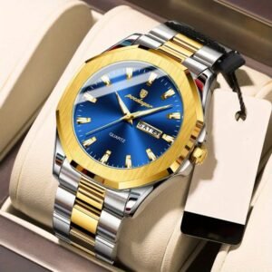 montre sport de luxe poedagar pour homme cadran bleu en acier inoxydable avec marqueurs dorés, aiguilles lumineuses, indicateur date/semaine, mouvement quartz 1181.1 pouces, boîte incluse, style Élégant et décontracté, finition polie