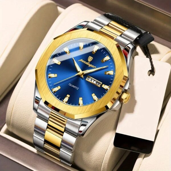 montre sport de luxe poedagar pour homme cadran bleu en acier inoxydable avec marqueurs dorés, aiguilles lumineuses, indicateur date/semaine, mouvement quartz 1181.1 pouces, boîte incluse, style Élégant et décontracté, finition polie